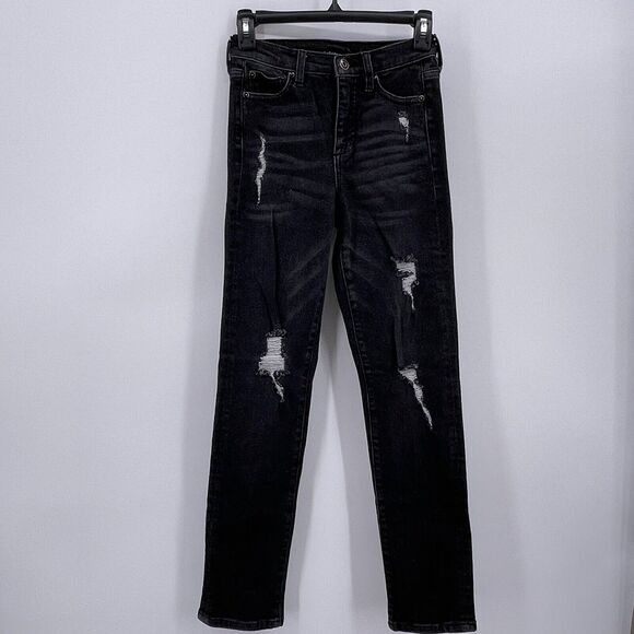 Fashion Nova Sz 0 Black Slim Straight Leg Jeans Mid Rise Distressed 24x29 - Picture 1 of 8